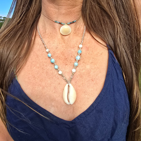 Cowrie Shell Necklace, AAA Larimar, Authentic Quartz