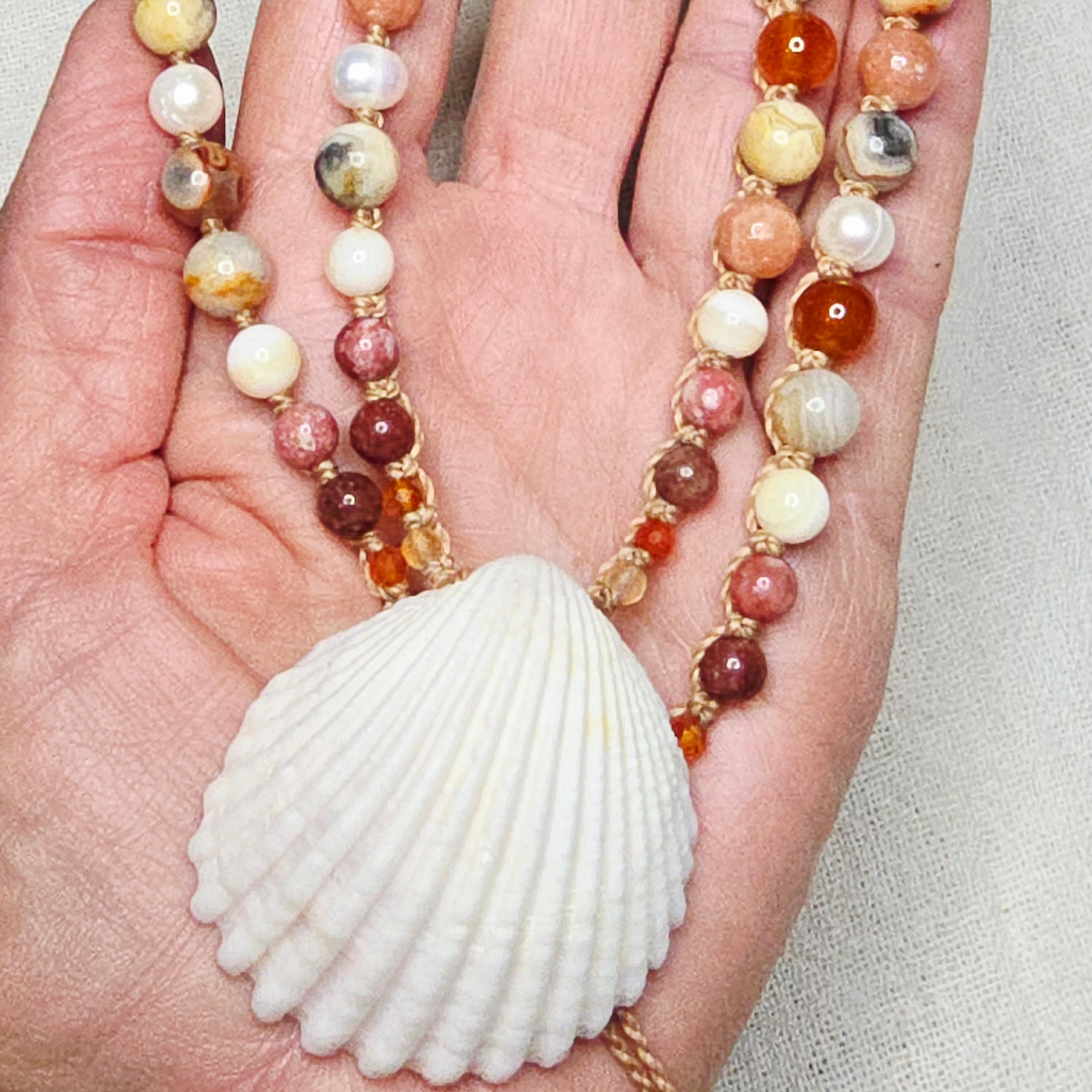 Cockle Shell Necklace Adjustable with Pearls and Gemstones
