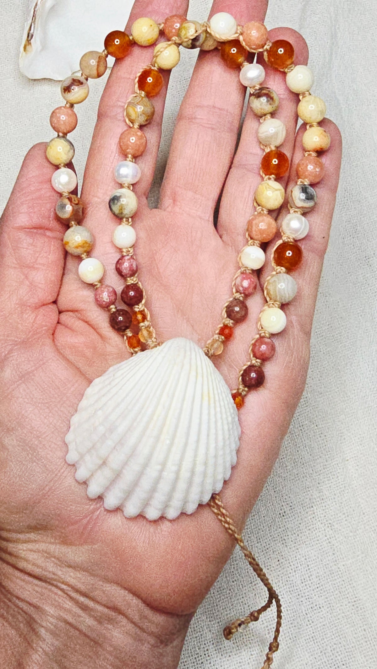 Cockle Shell Necklace Adjustable with Pearls and Gemstones
