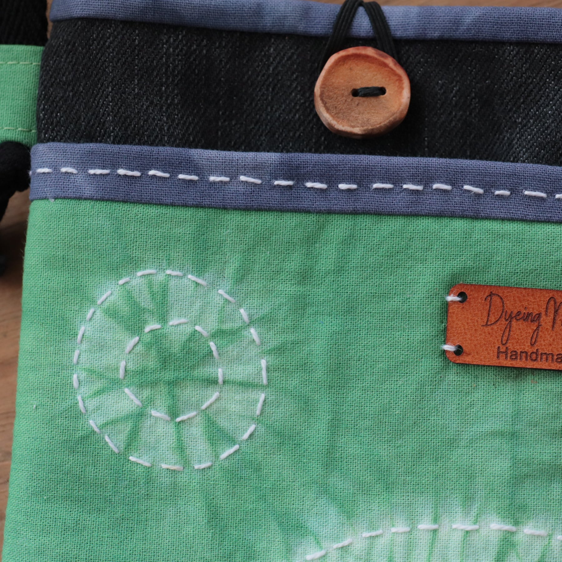 Tie Dyed Cross Body bag for Phone and Glasses, green, upcycled jeans