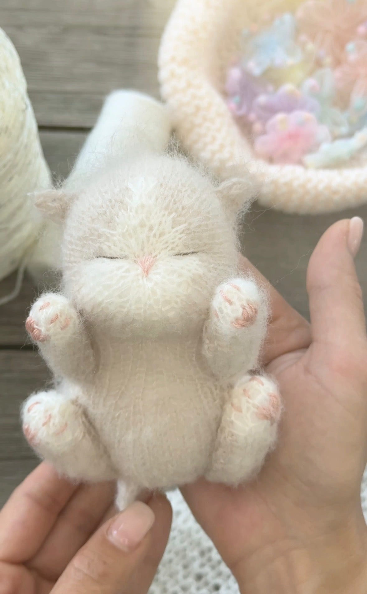 Handmade Sleeping Kitten in a Bunny Bonnet & Cozy Blanket with Butterfly Button
