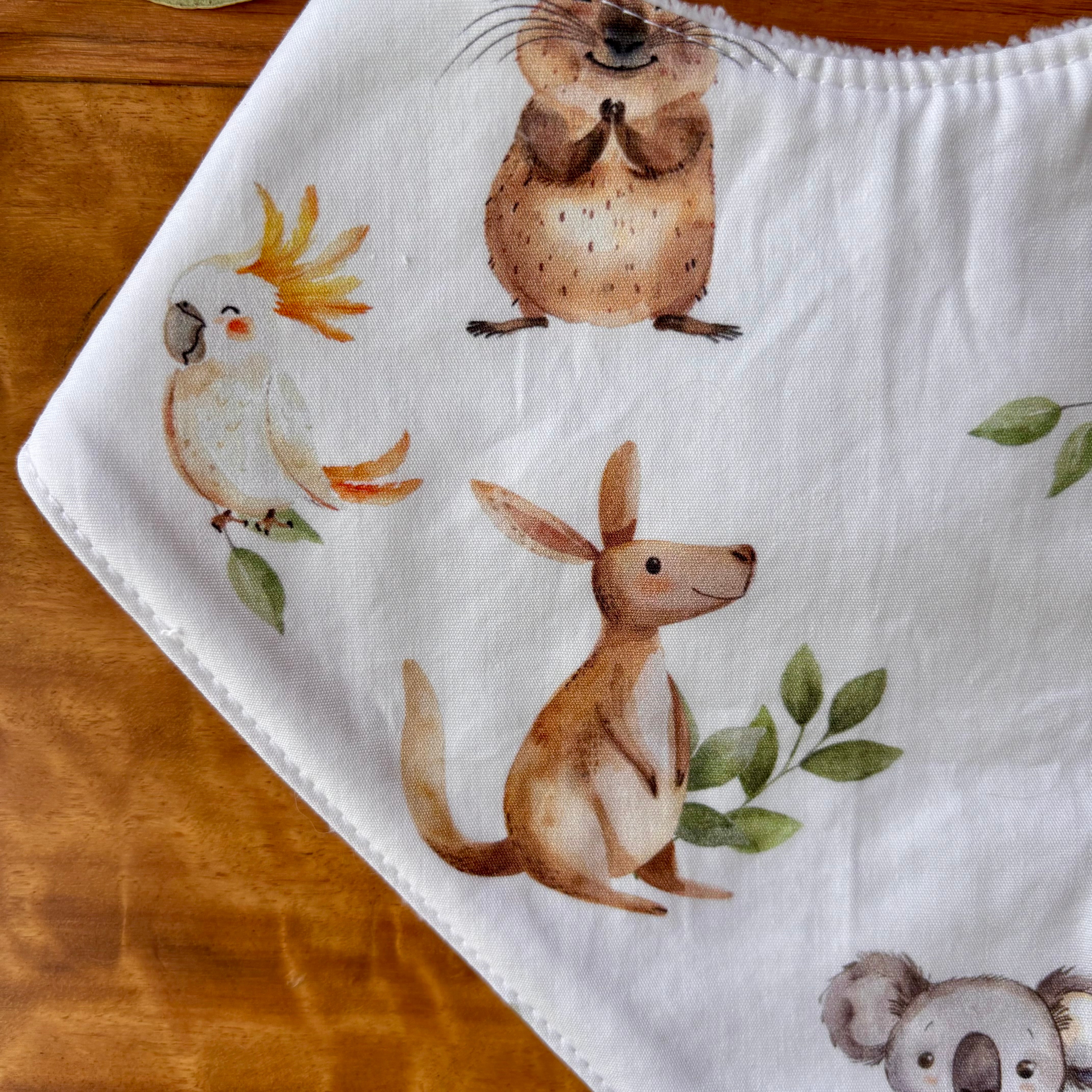 Baby Bib and Burp Cloth Set - Green and White Aussie Animals