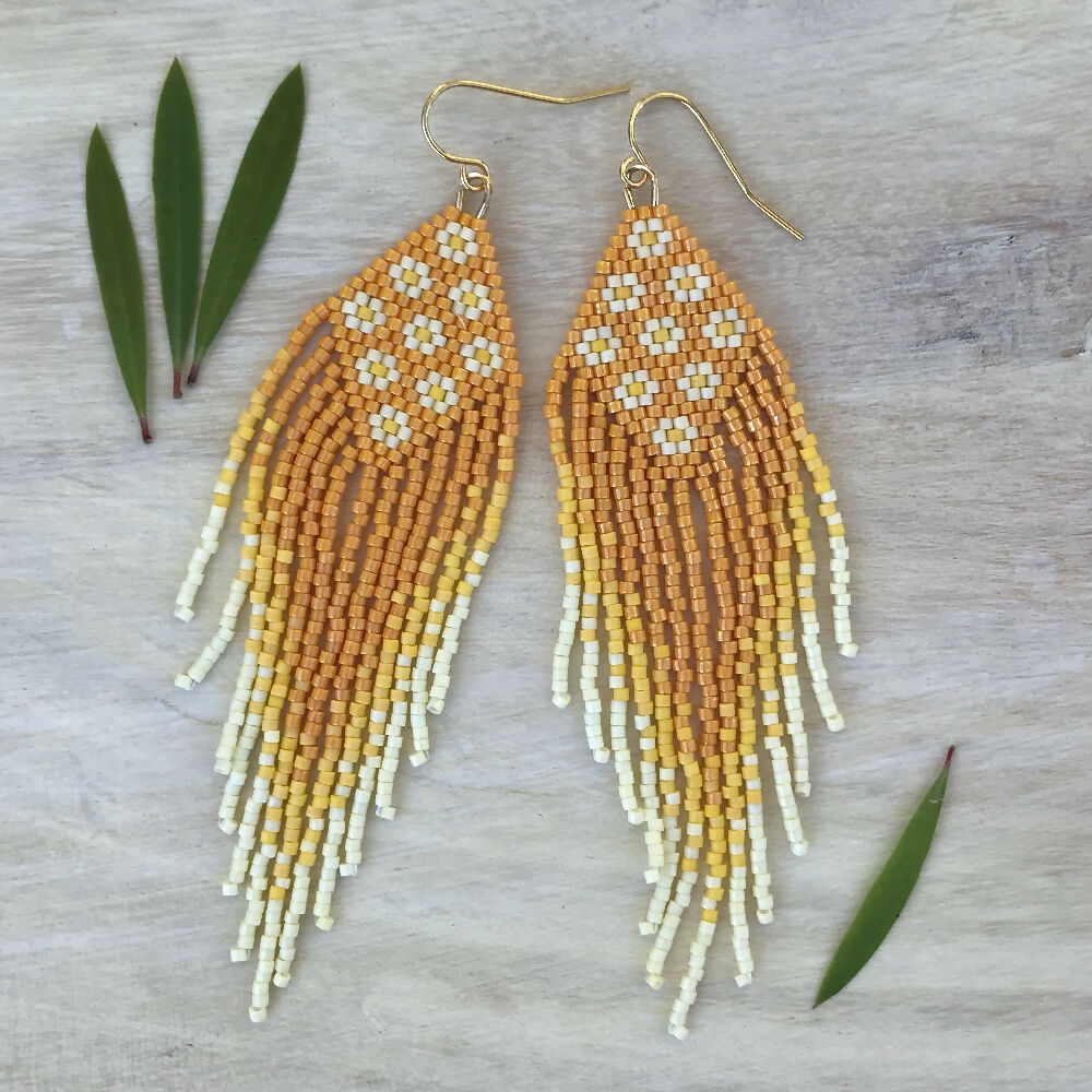 Handwoven seed bead fringe earrings - Marsh Marigold
