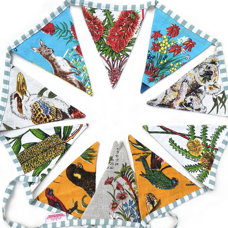 Australian Animals & Wildflowers upcycled Linen BUNTING