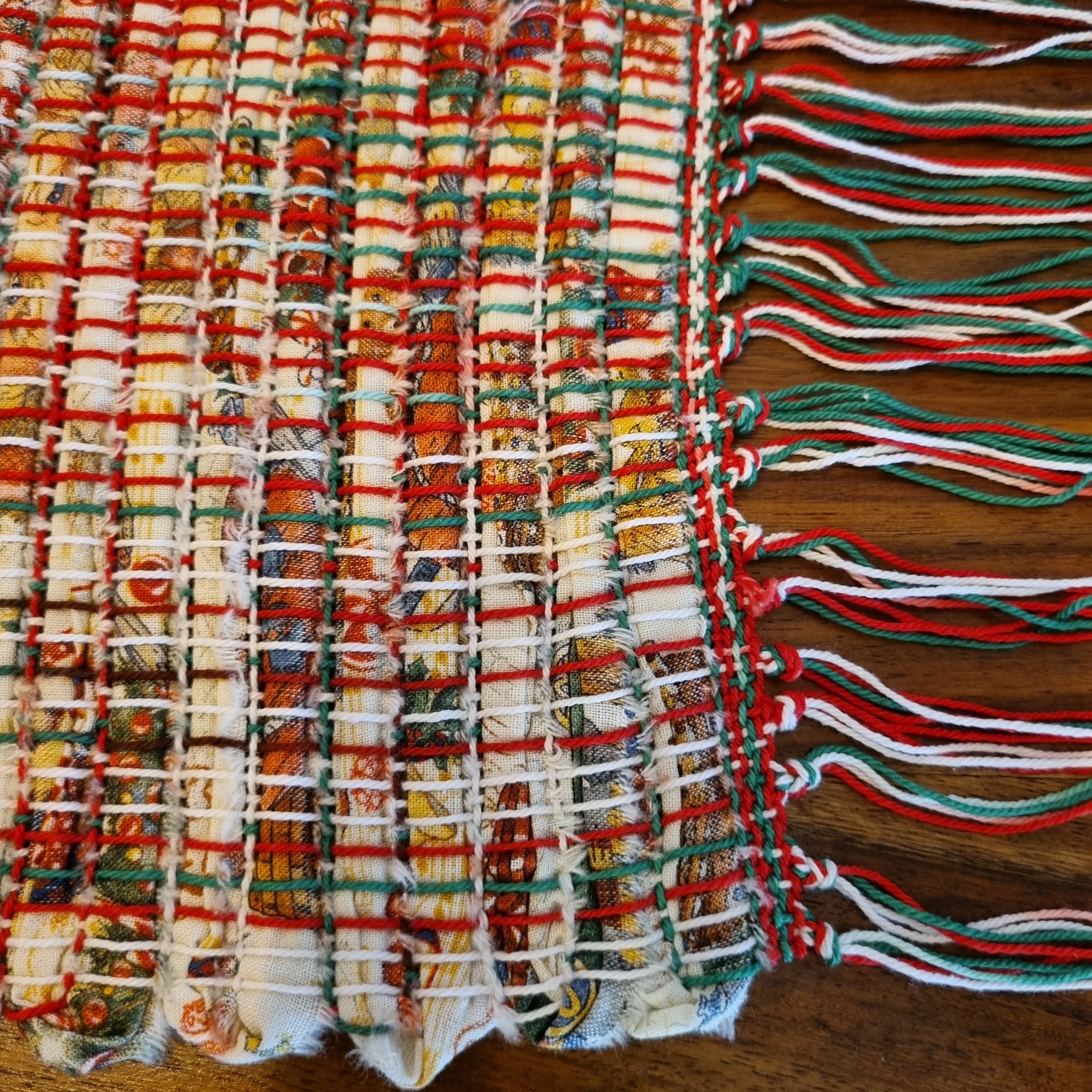 Handwoven Christmas fabric table runner festive print