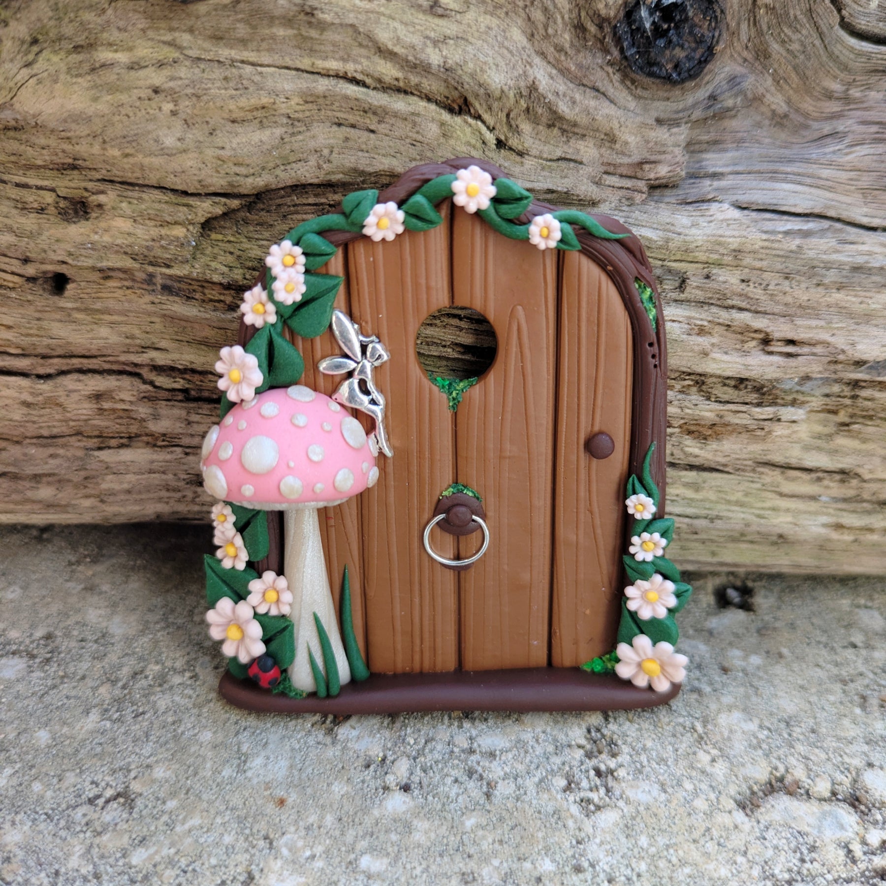 Mini Woodland Fairy Door with Pink Mushroom & Silver Fairy