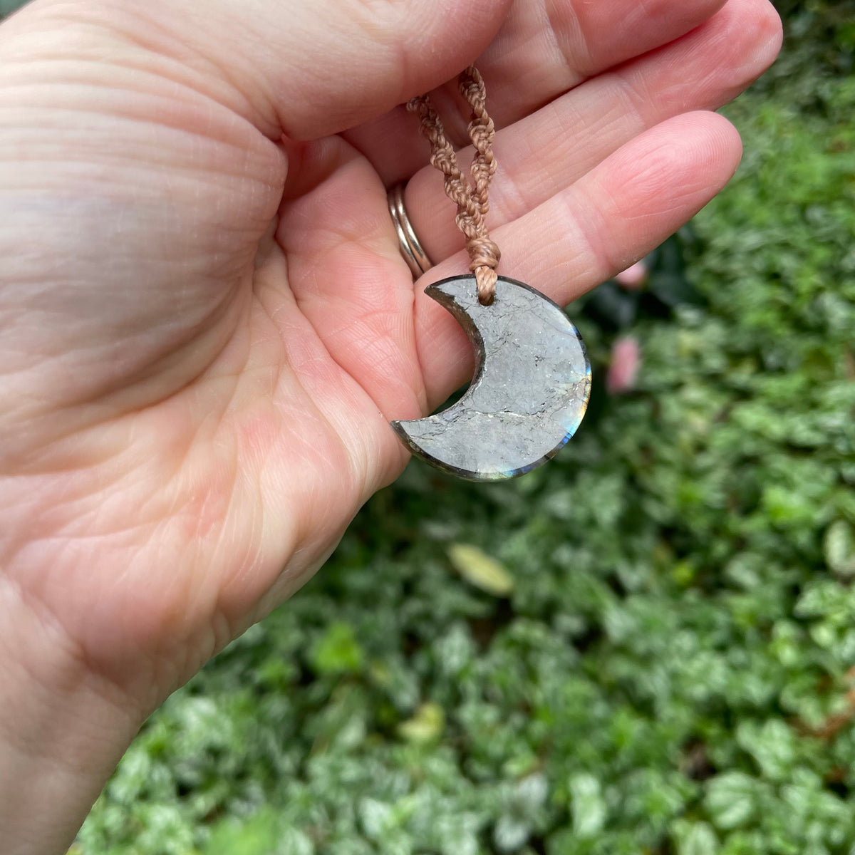 Labradorite Pendant: Crescent moon Beaded Macrame, Adjustable Boho Gift