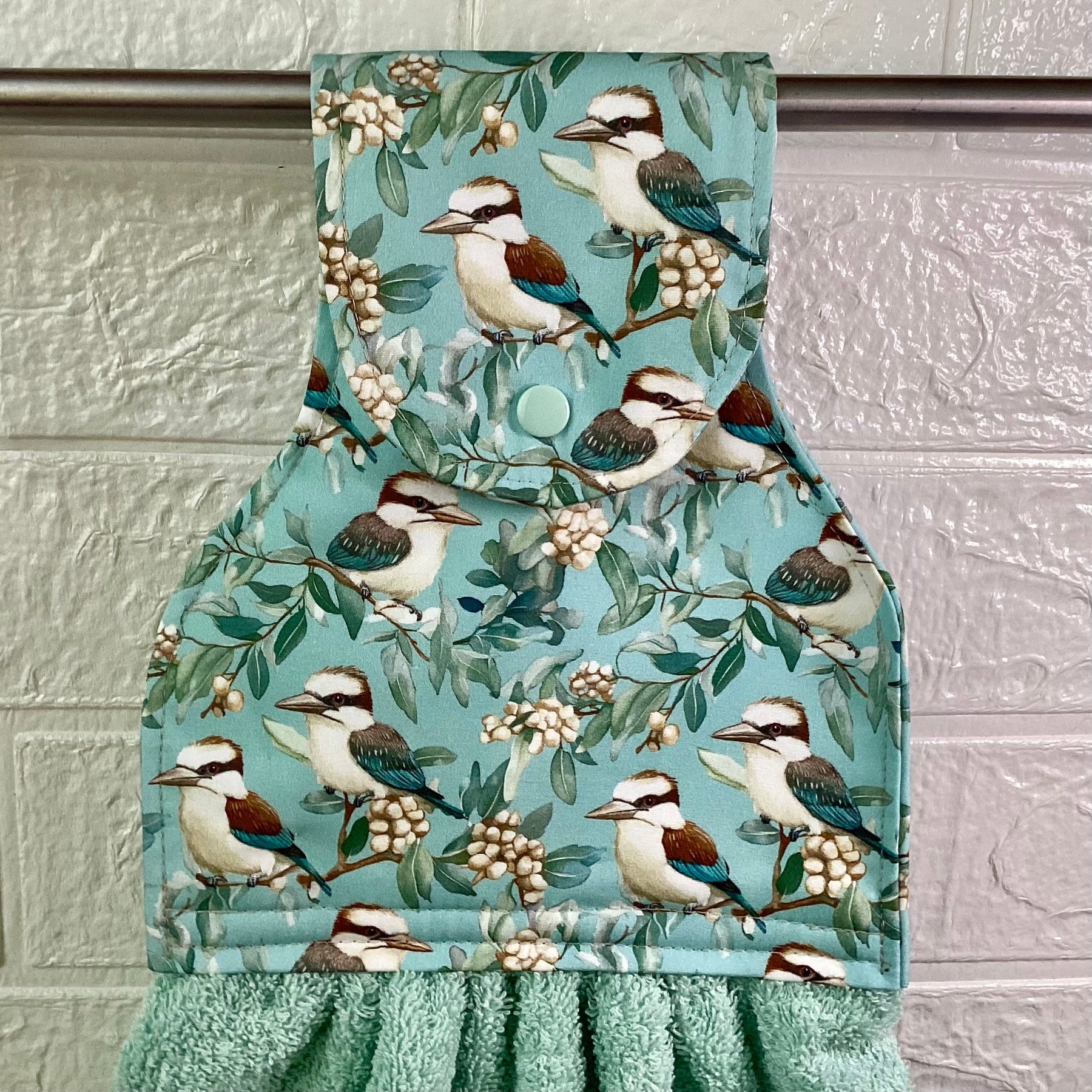 Kookaburras (sage green) hanging hand towel.