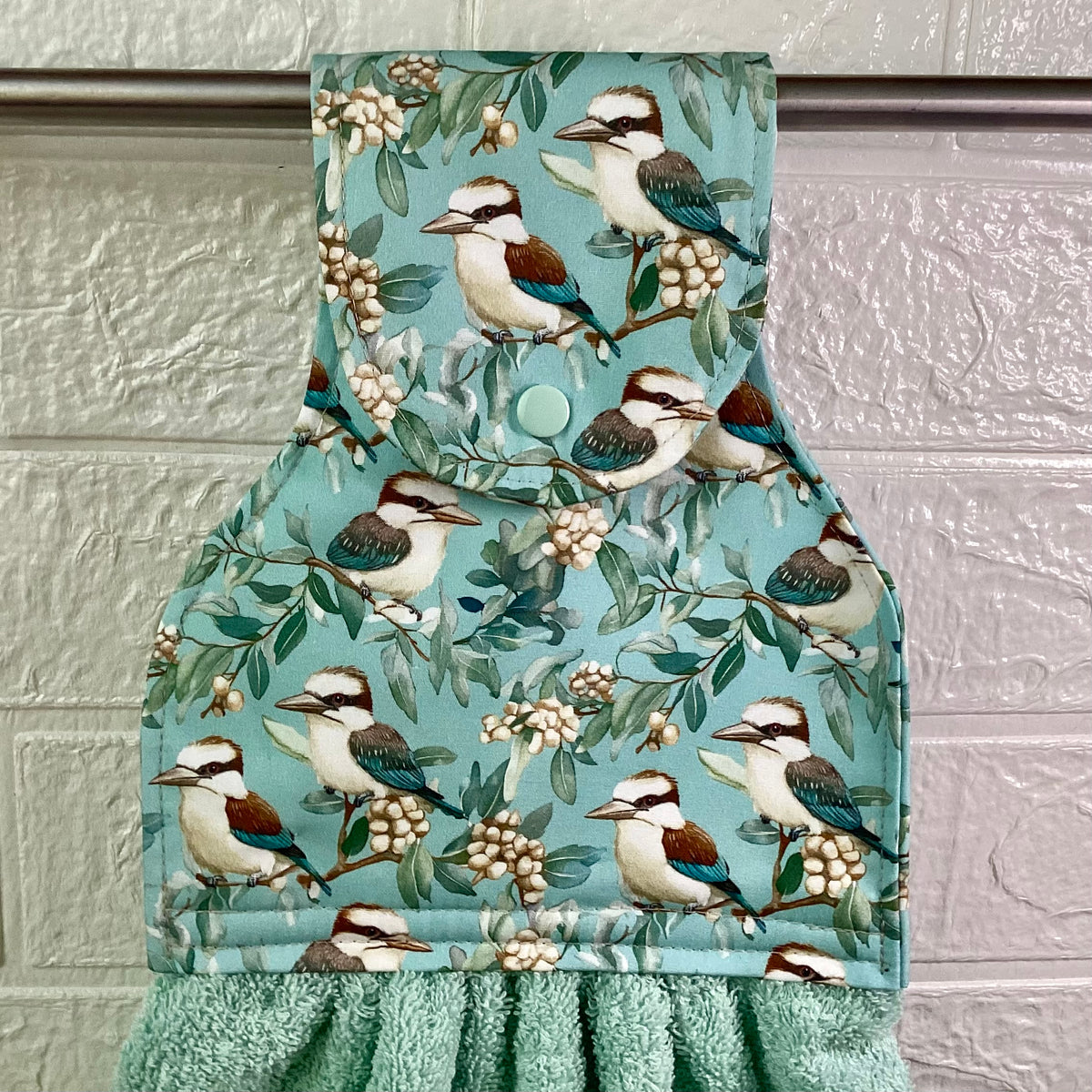 Kookaburras (sage green) hanging hand towel.
