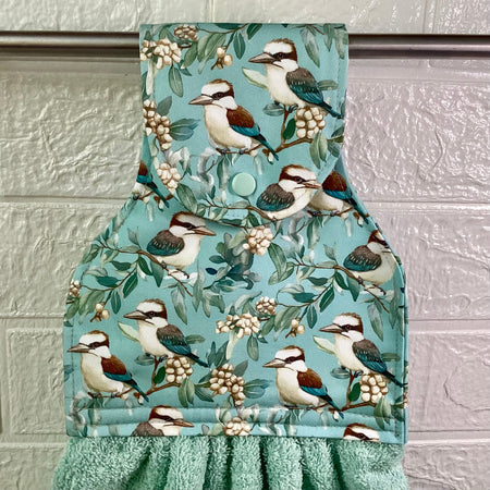 Kookaburras (sage green) hanging hand towel.
