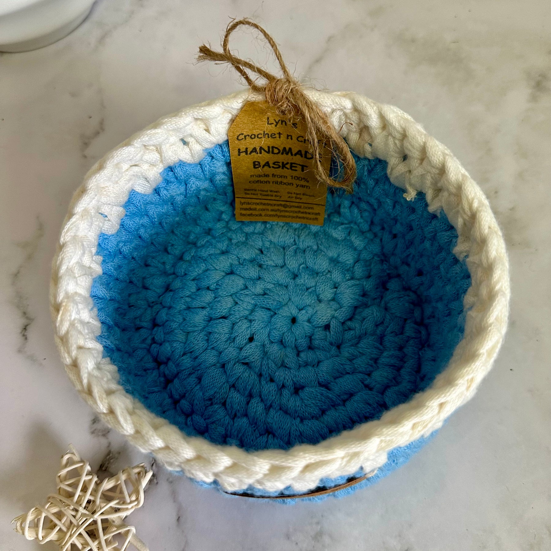 Handmade Crochet Blue & White Baby Basket - small