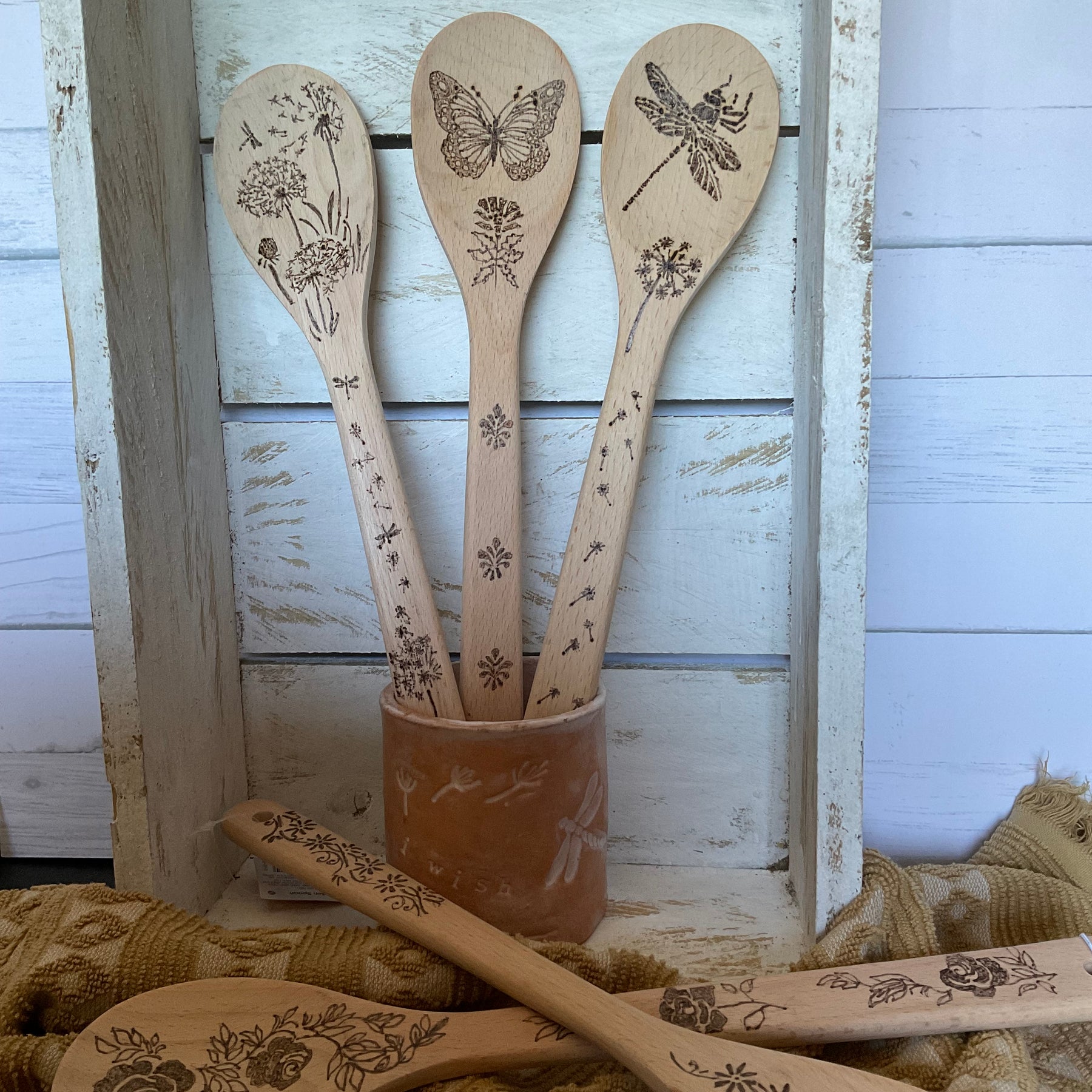 Pyrography beech wood cooking spoon