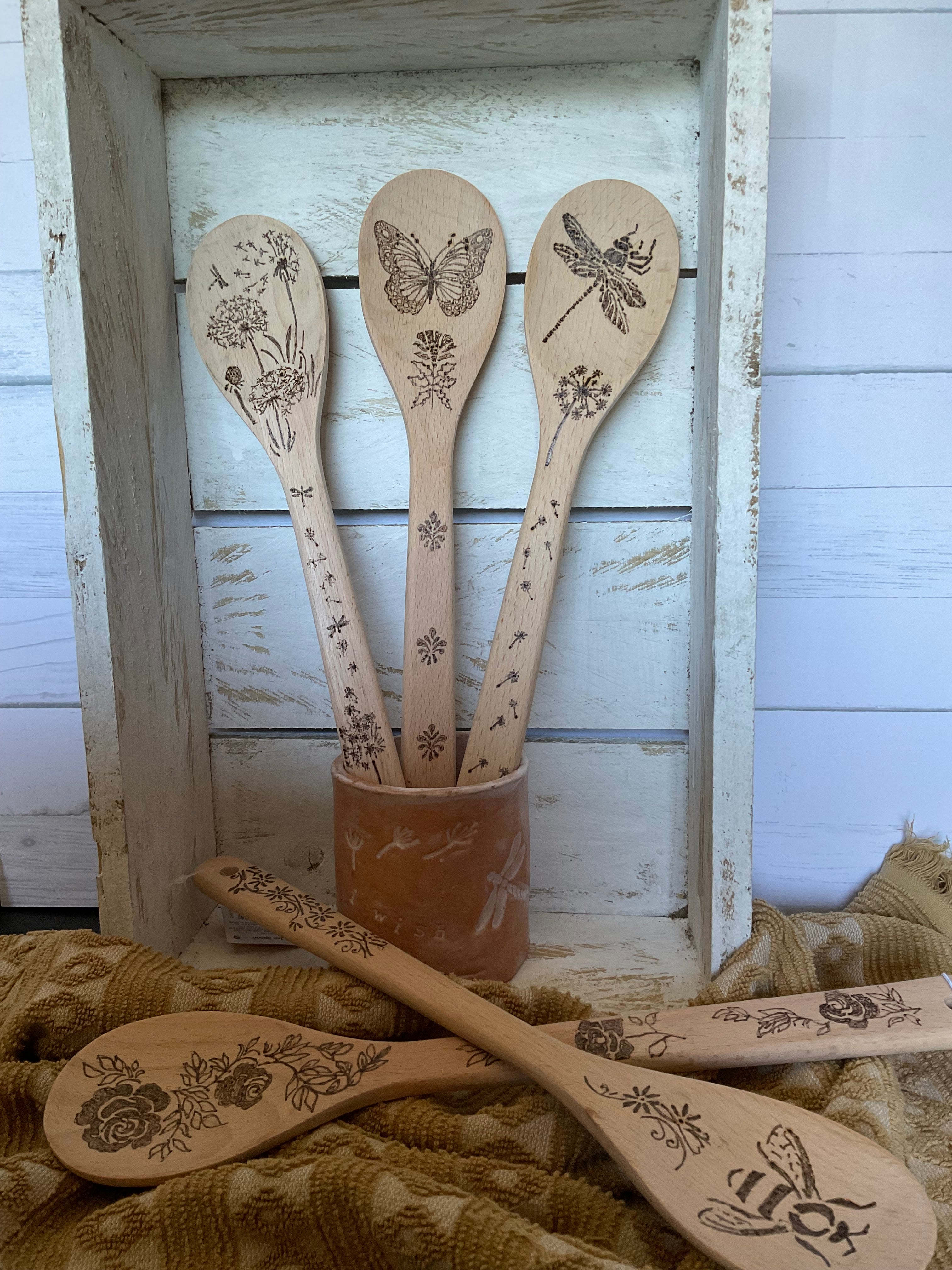Pyrography beech wood cooking spoon