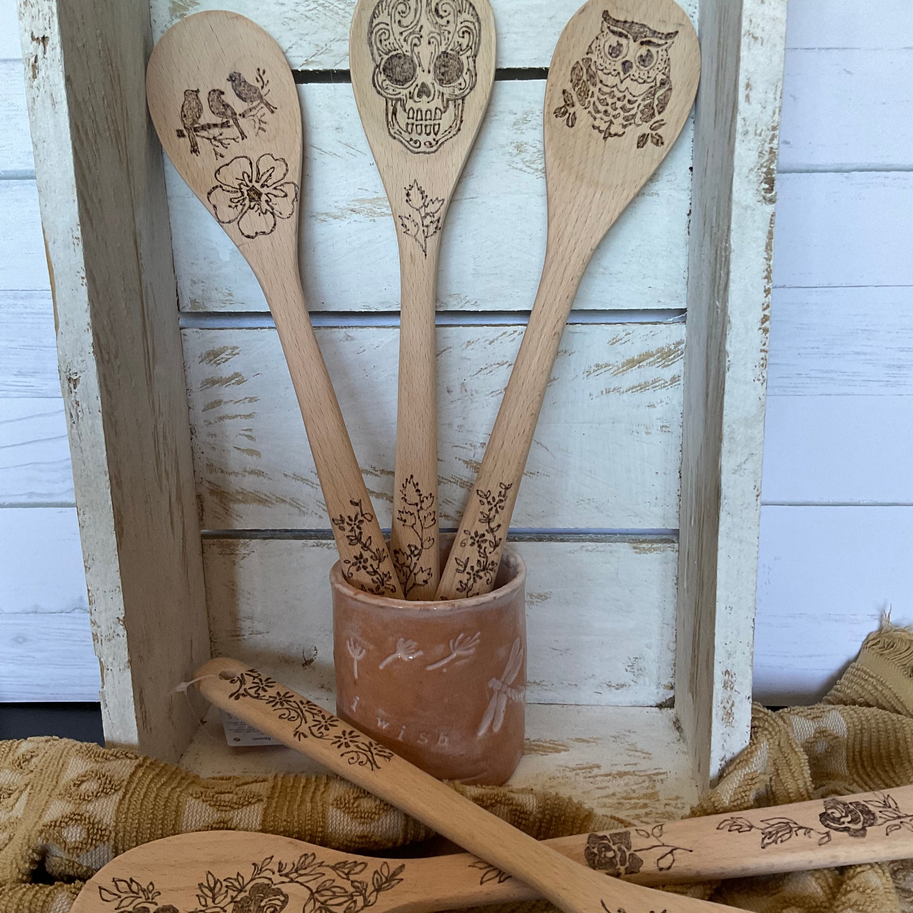 Pyrography beech wood cooking spoon