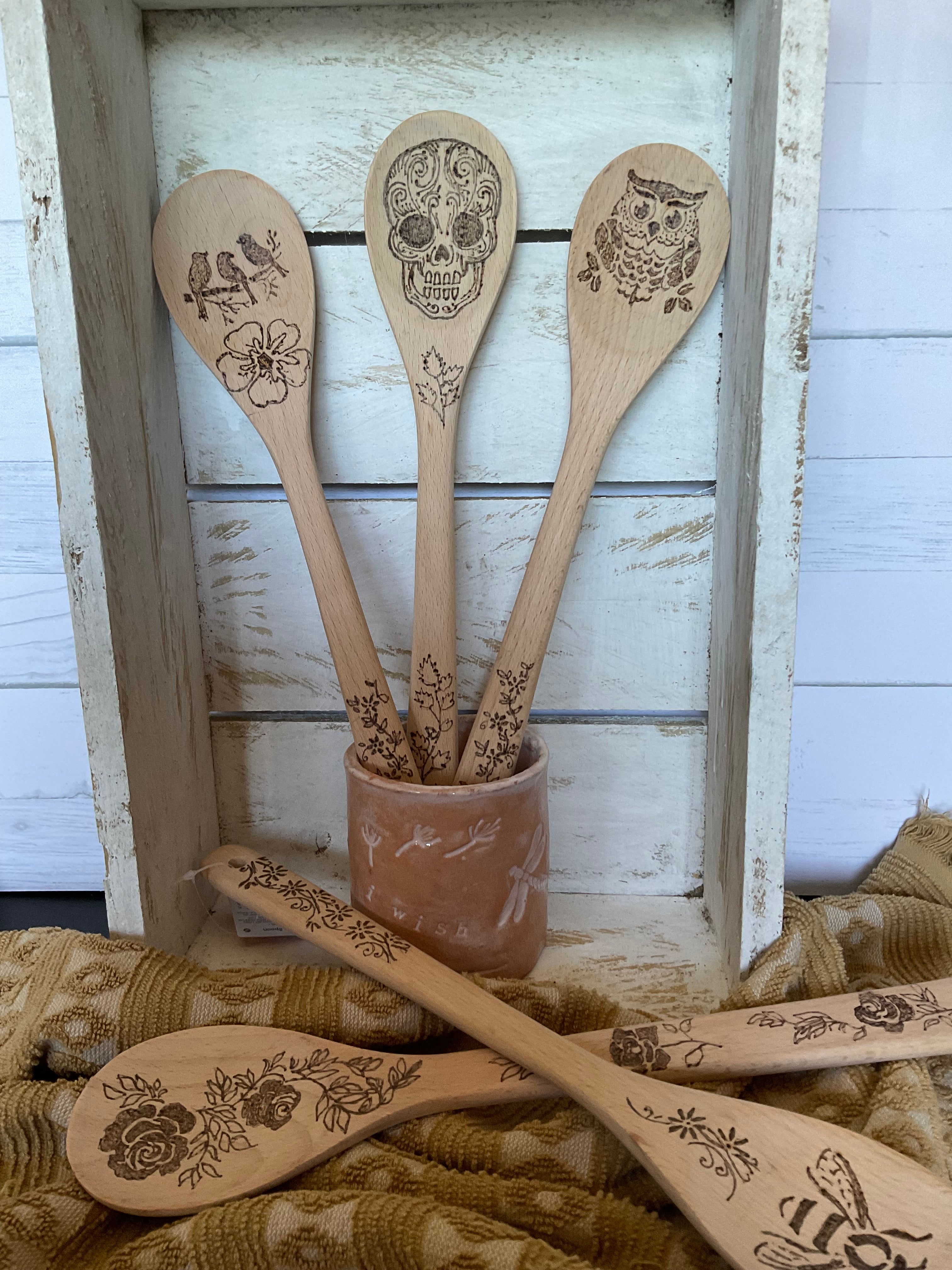 Pyrography beech wood cooking spoon