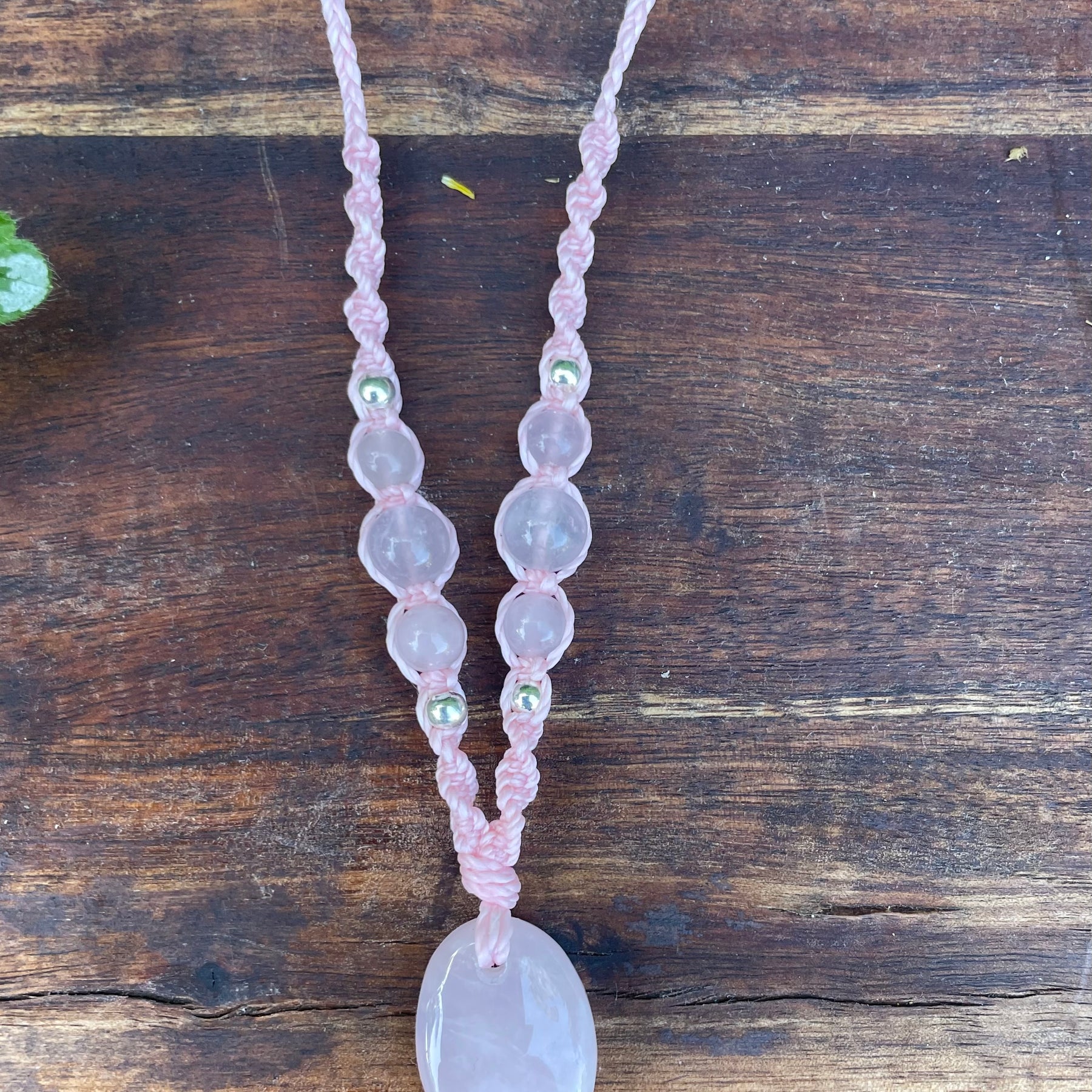 Rose Quartz Pendant, oval shape, beaded necklace adjustable