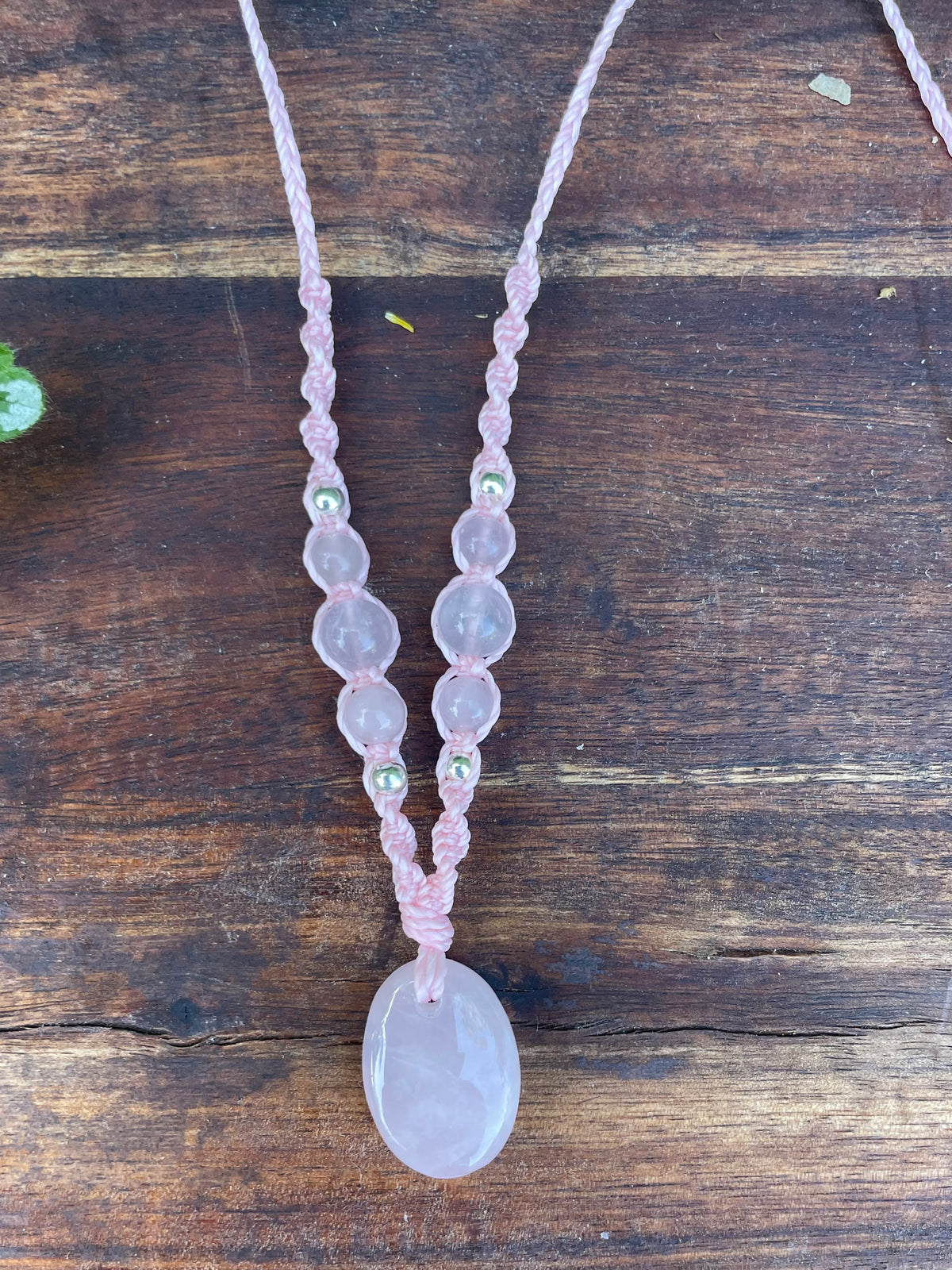 Rose Quartz Pendant, oval shape, beaded necklace adjustable