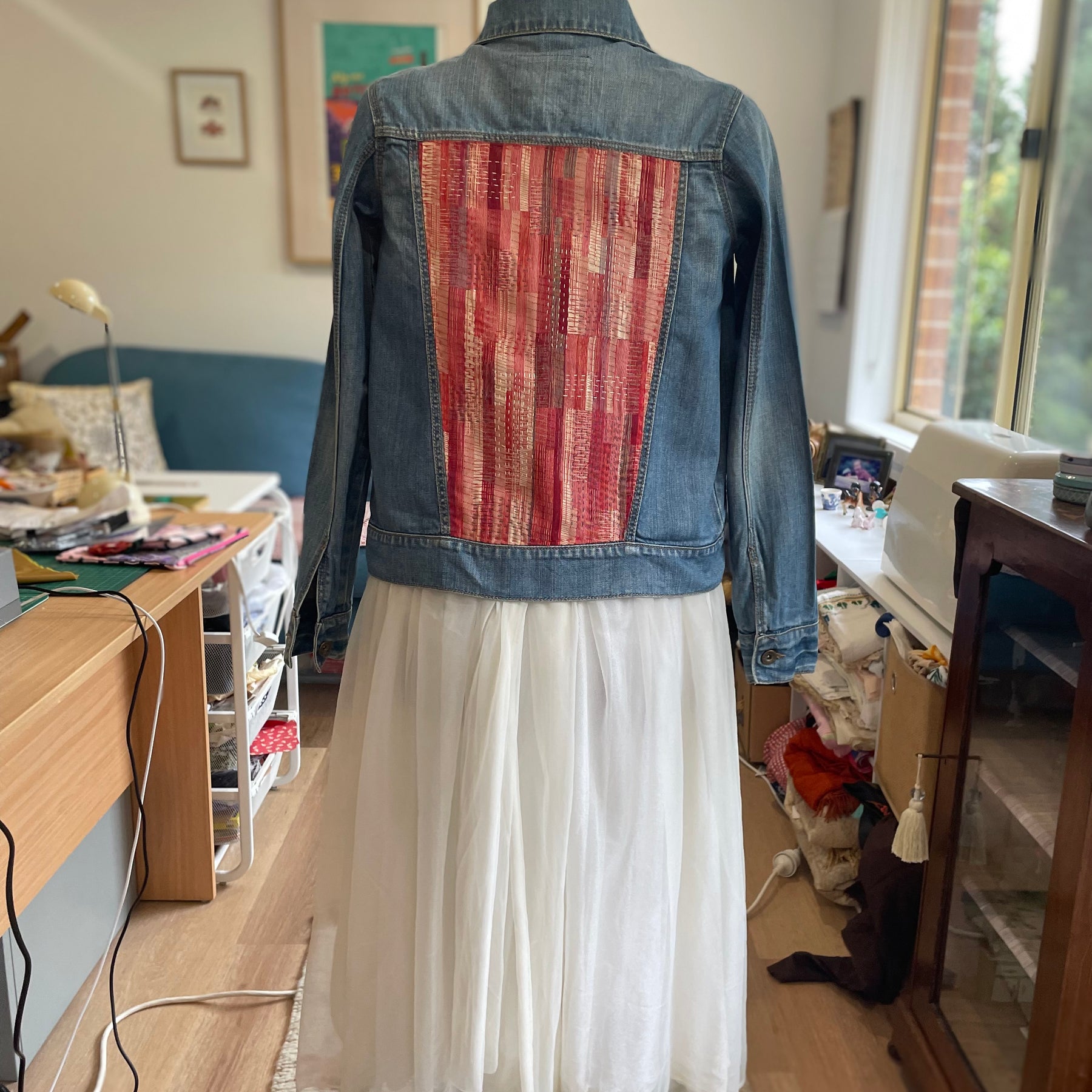 Hand Embroidered Sashiko Denim Jacket, Upcycled
