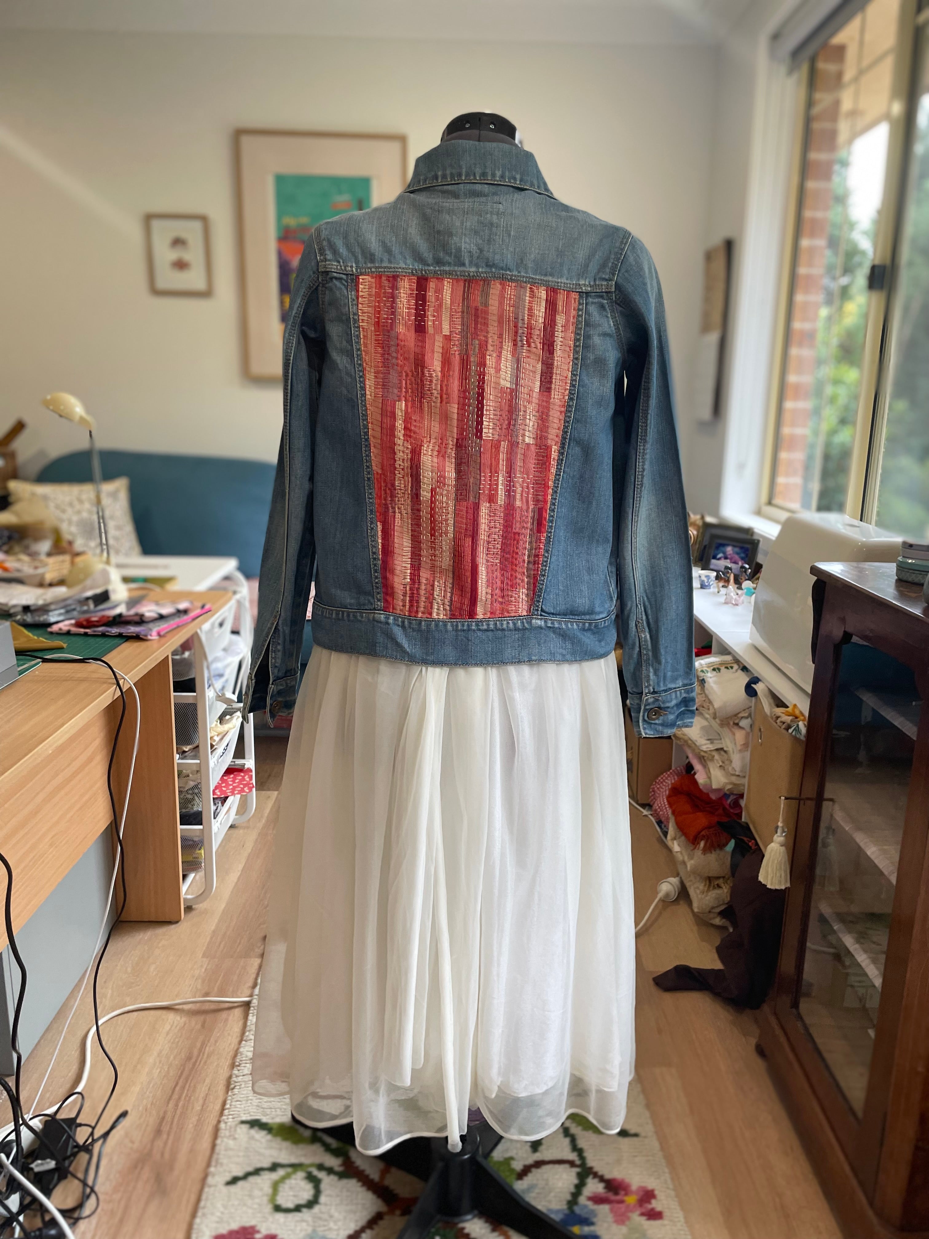 Hand Embroidered Sashiko Denim Jacket, Upcycled