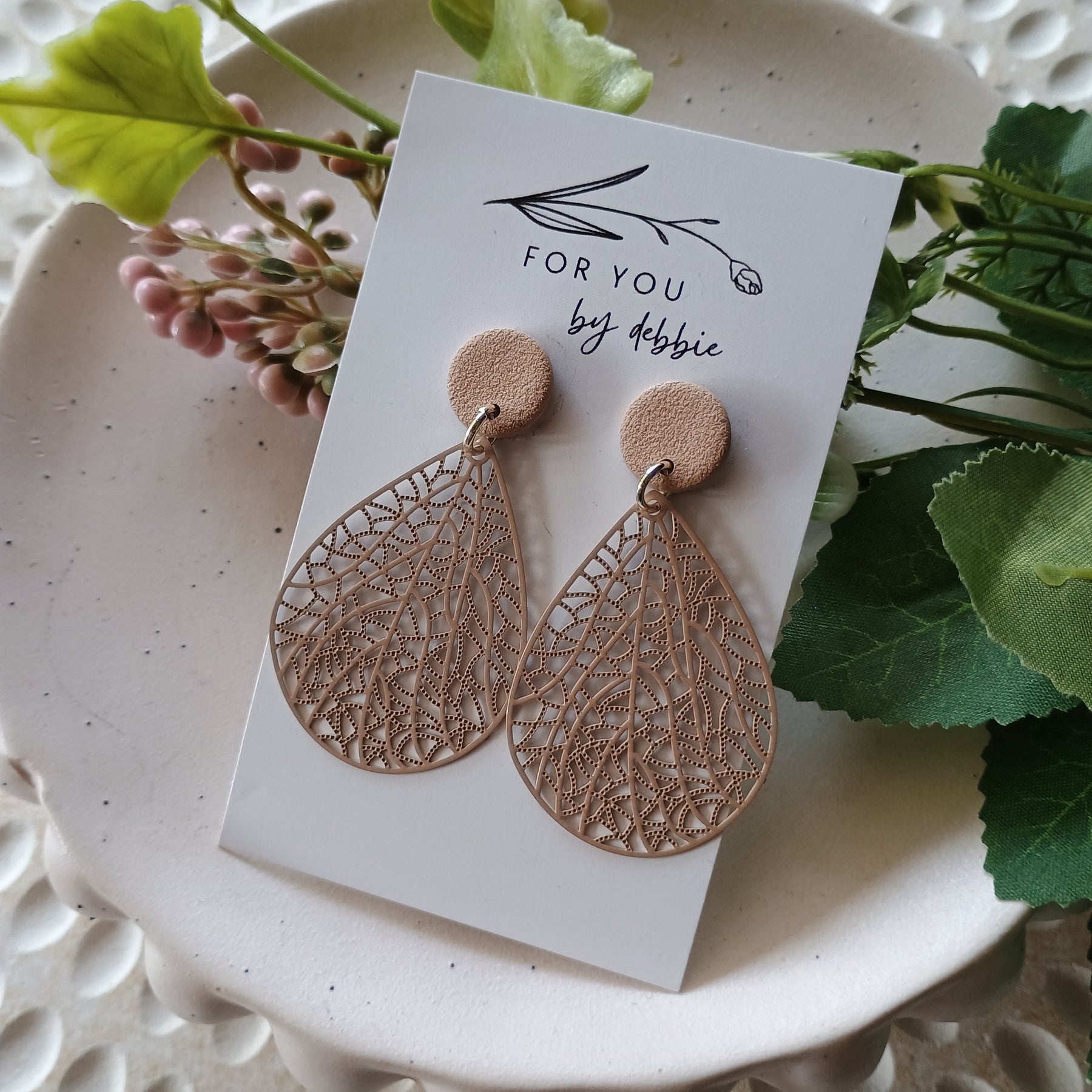 Filigree charm dangle earrings- tan