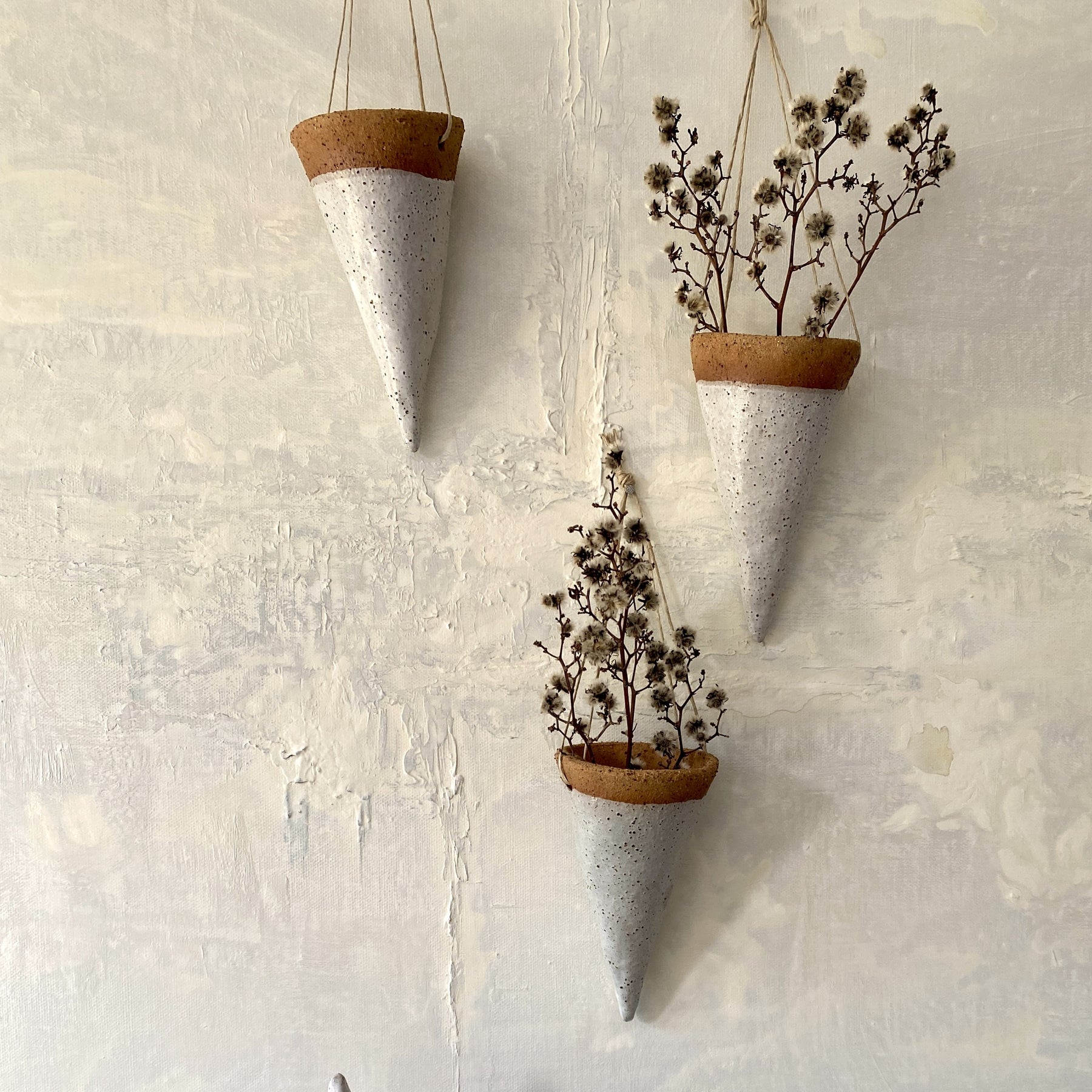Hanging Cone Shaped Flower Vase |Rustic | Ceramics | White