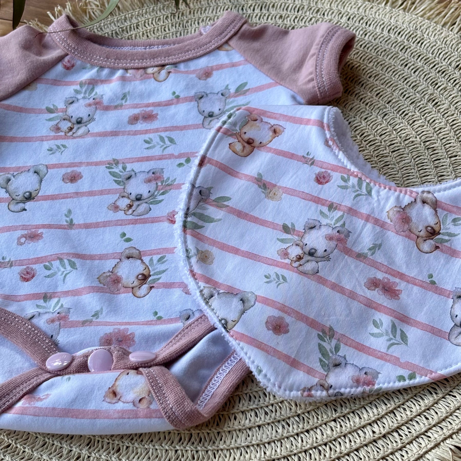 Baby Short Sleeved Bodysuit | Pink Koala Stripe | Size premmie to 2 | Made to order