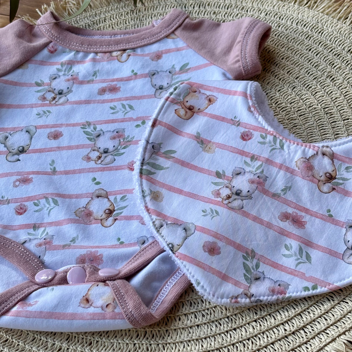 Baby Short Sleeved Bodysuit | Pink Koala Stripe | Size premmie to 2 | Made to order