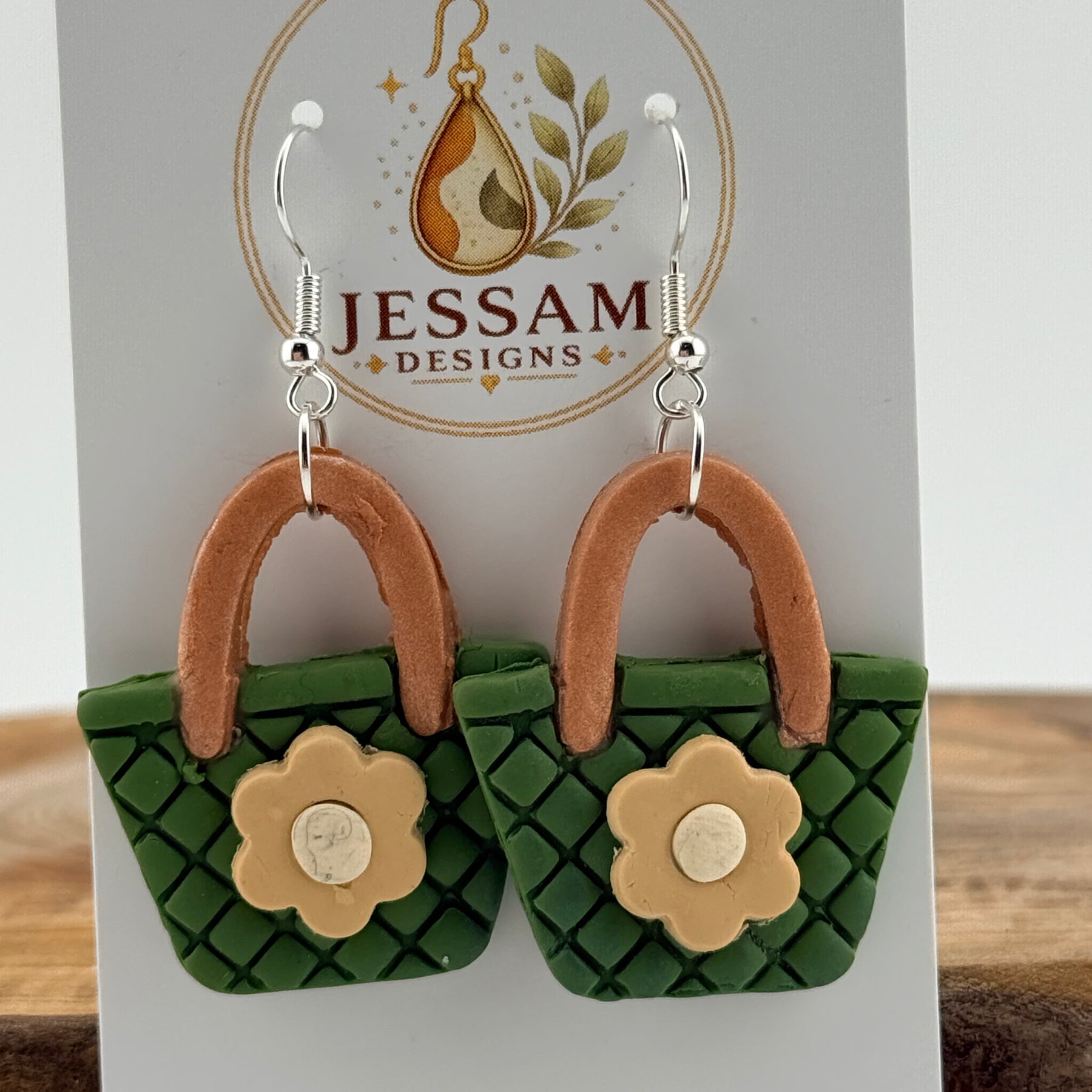 Handmade Green Handbag Polymer Clay Dangle Earrings – Floral Design