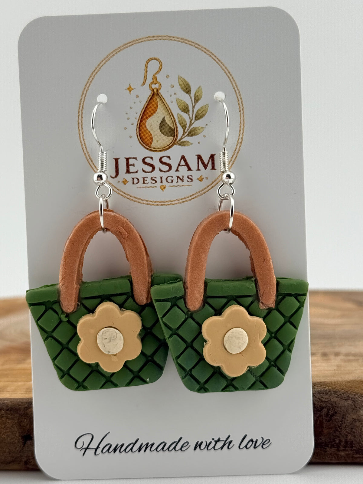 Handmade Green Handbag Polymer Clay Dangle Earrings – Floral Design