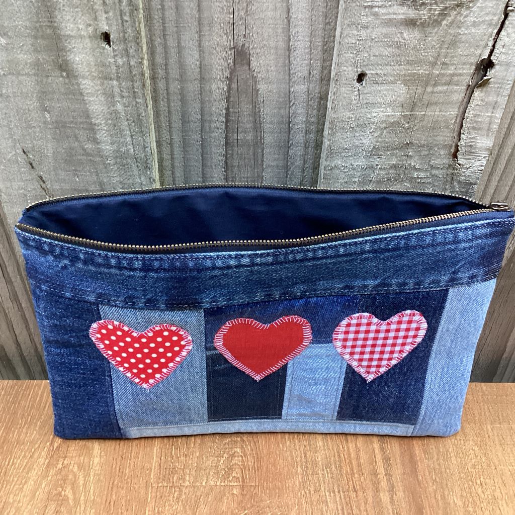 Large Upcycled Denim Pencil Case – Three Red Hearts