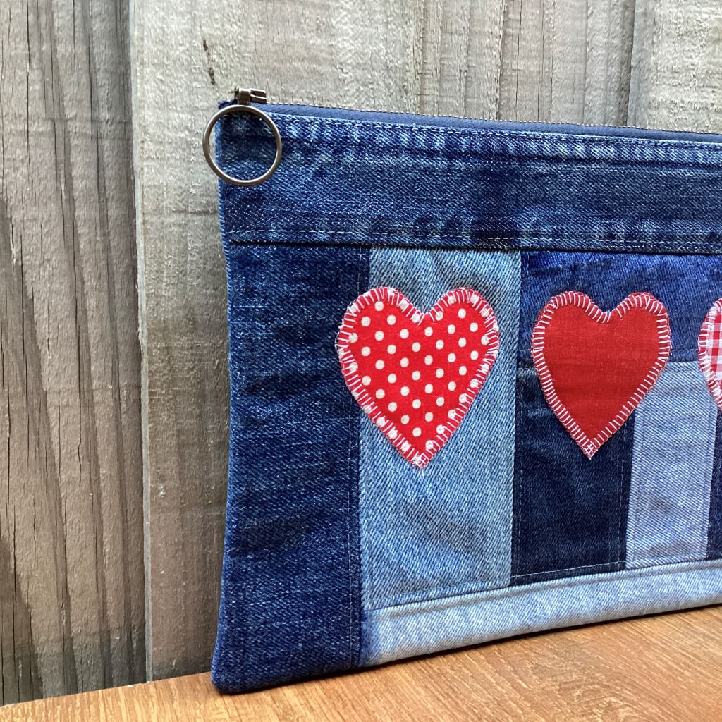 Large Upcycled Denim Pencil Case – Three Red Hearts