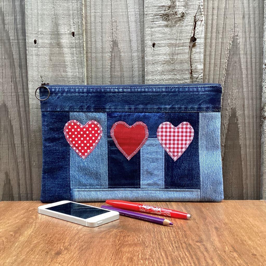 Large Upcycled Denim Pencil Case – Three Red Hearts