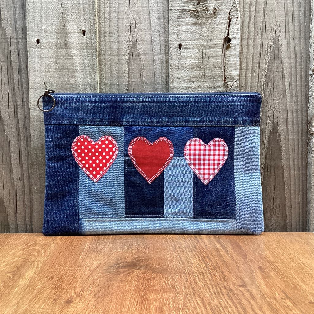 Large Upcycled Denim Pencil Case – Three Red Hearts