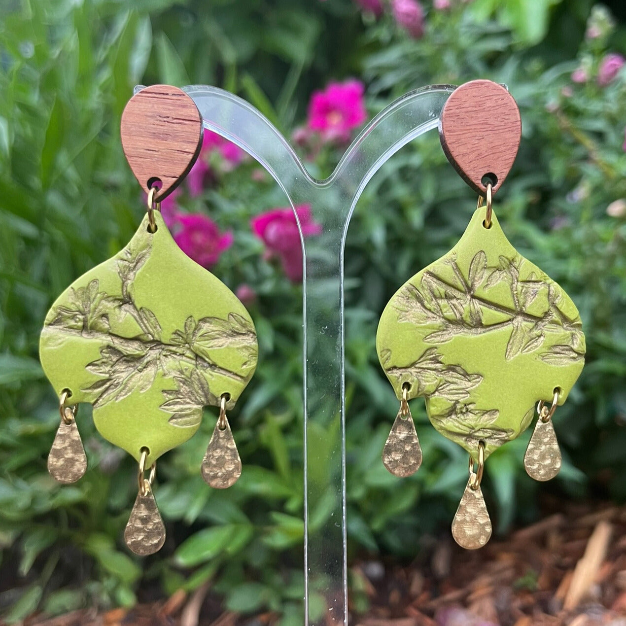 Bohemian green leaf polymer clay earrings