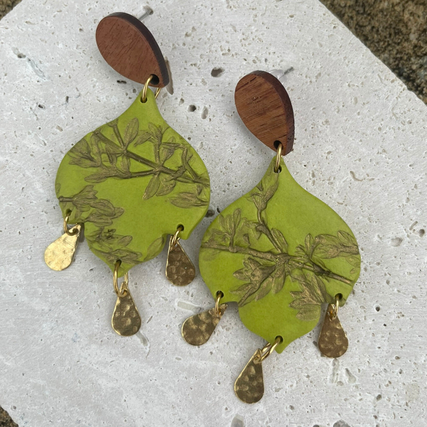 Bohemian green leaf polymer clay earrings