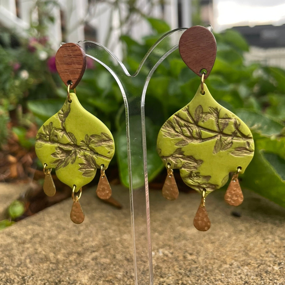 Bohemian green leaf polymer clay earrings