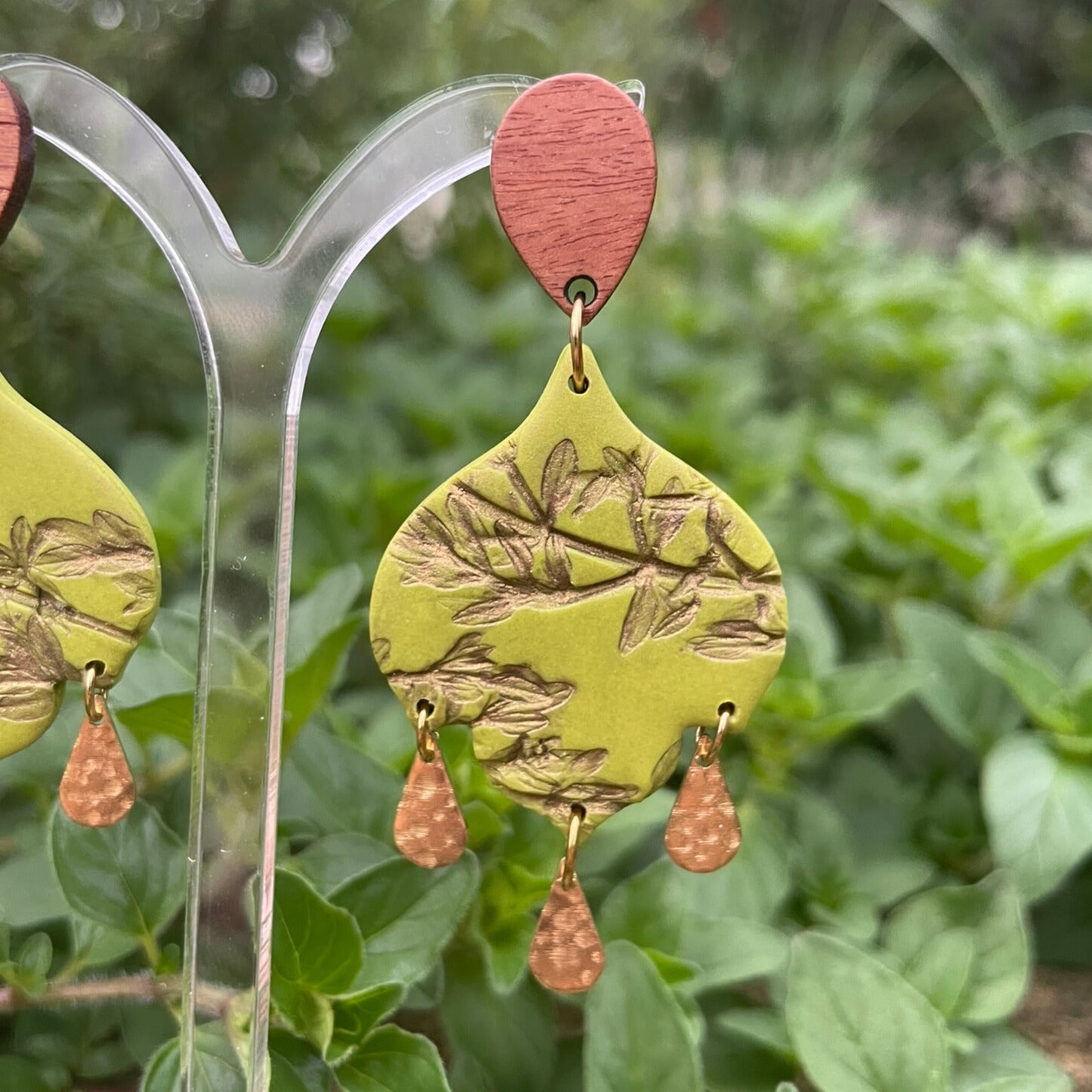 Bohemian green leaf polymer clay earrings