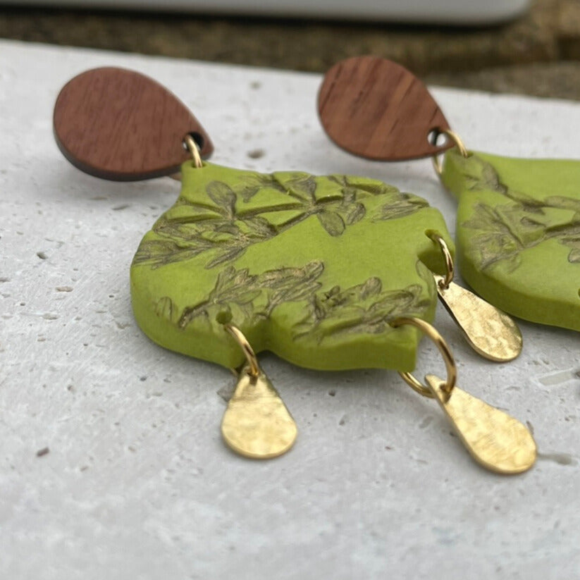 Bohemian green leaf polymer clay earrings