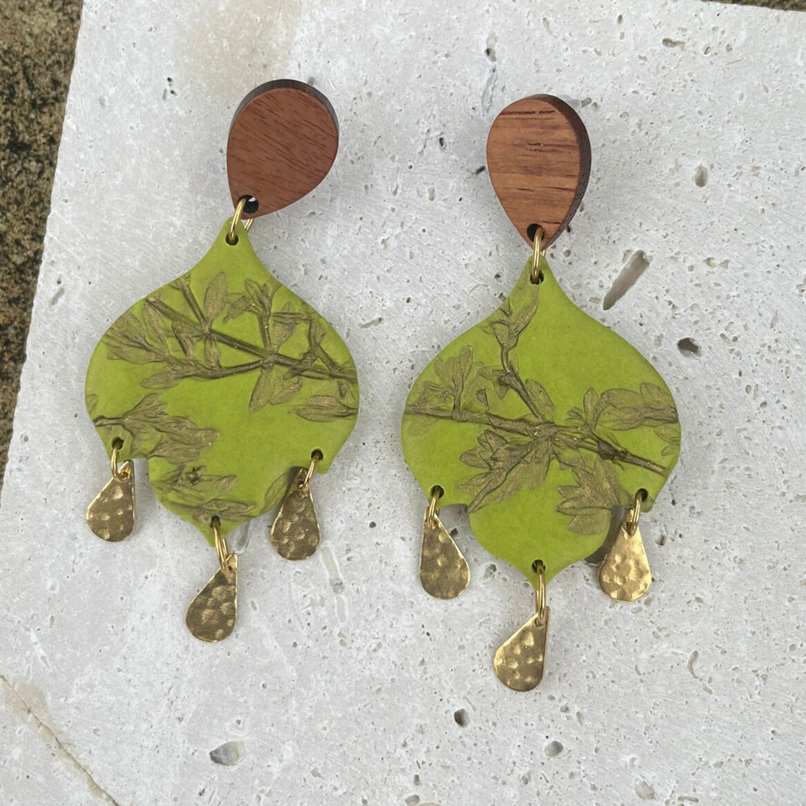 Bohemian green leaf polymer clay earrings