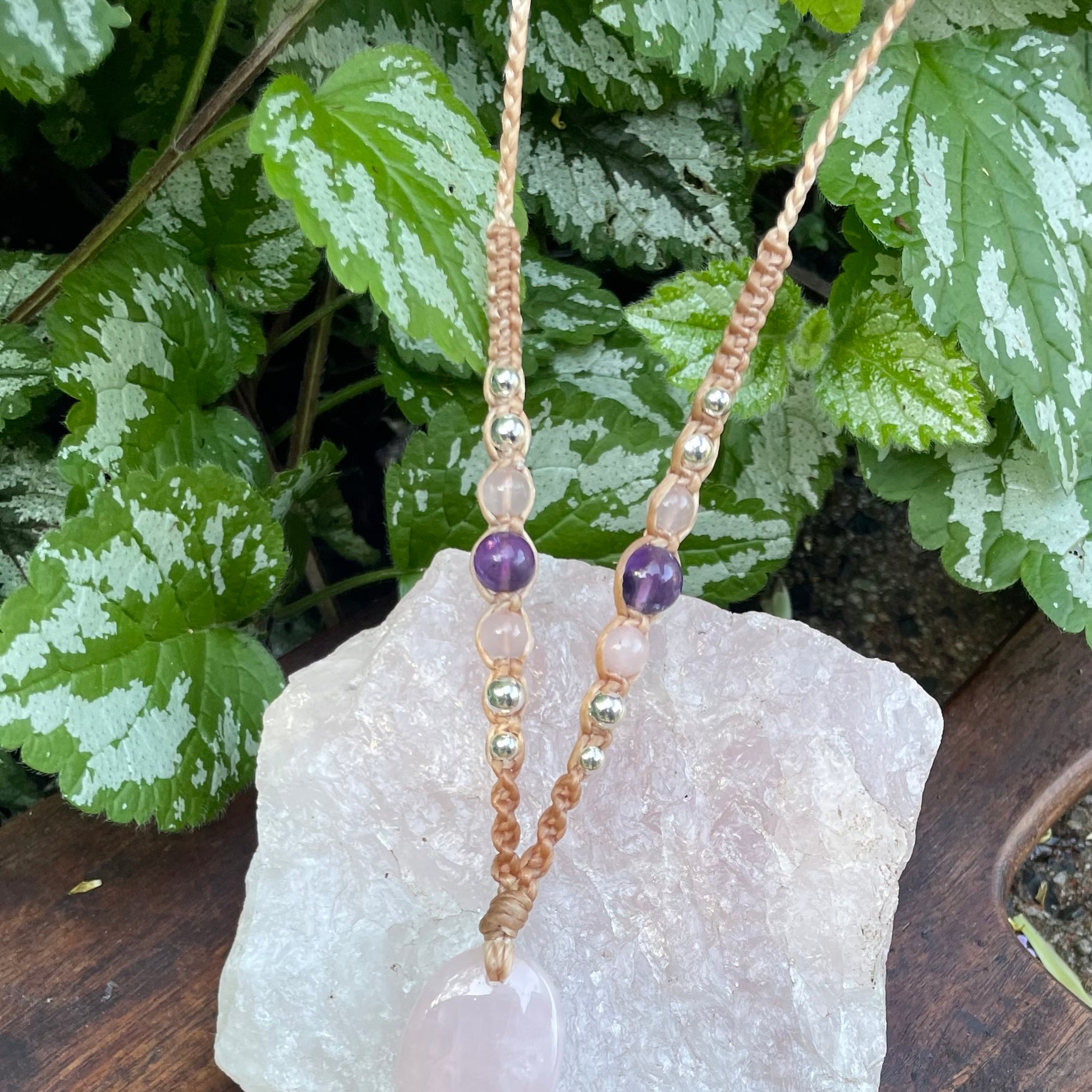 Rose Quartz Pendant, Oval, beaded necklace macrame adjustable