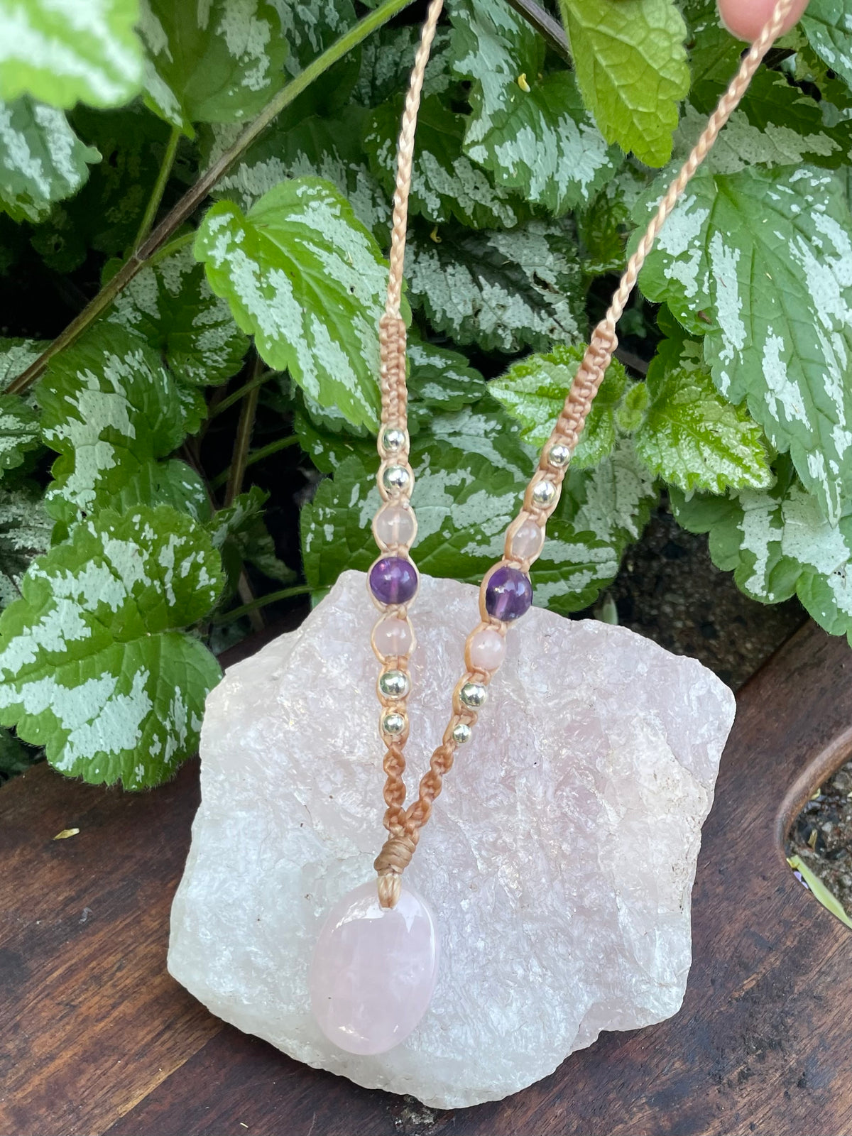Rose Quartz Pendant, Oval, beaded necklace macrame adjustable