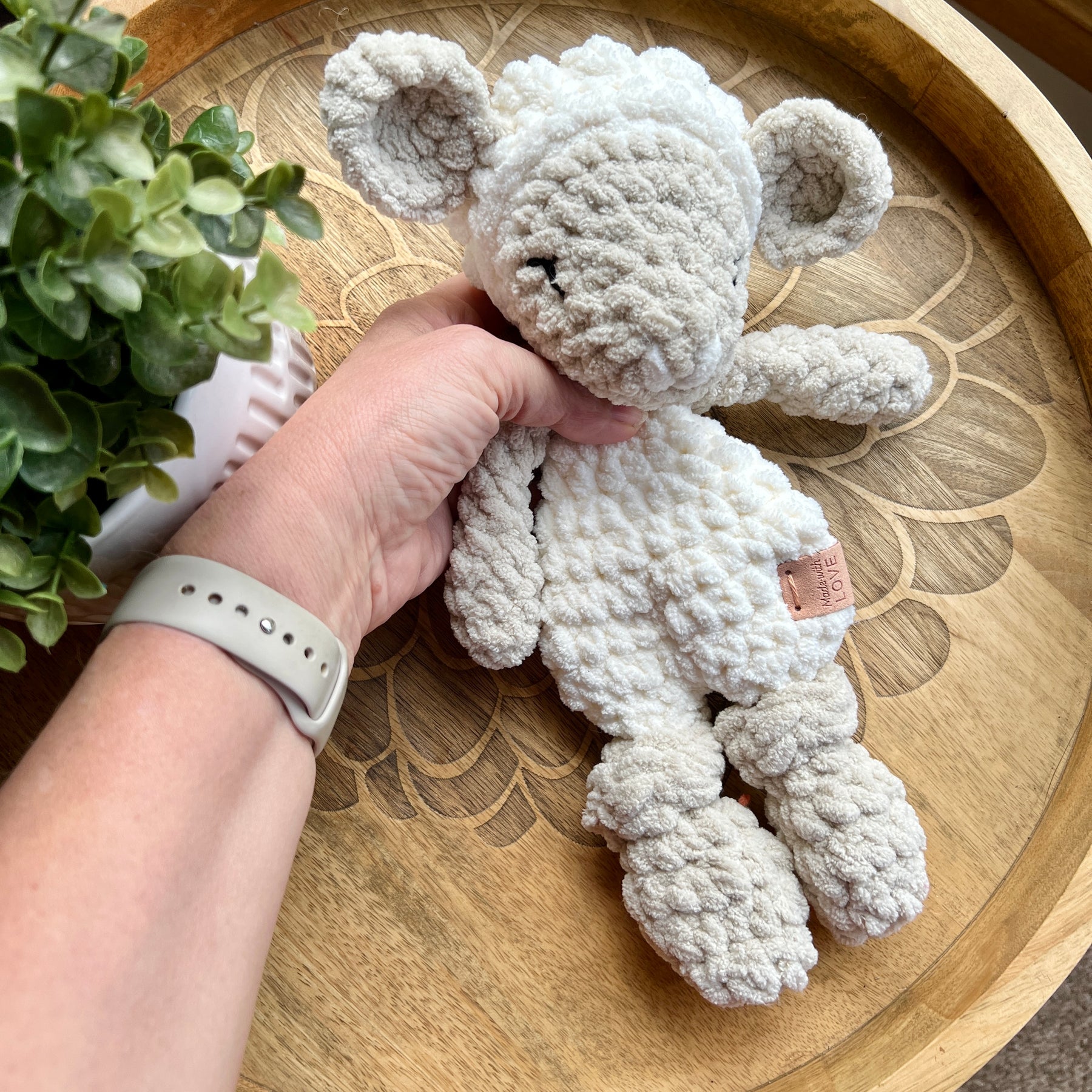 Handmade crochet Mini lamb sheep modern lovey with knotted legs.