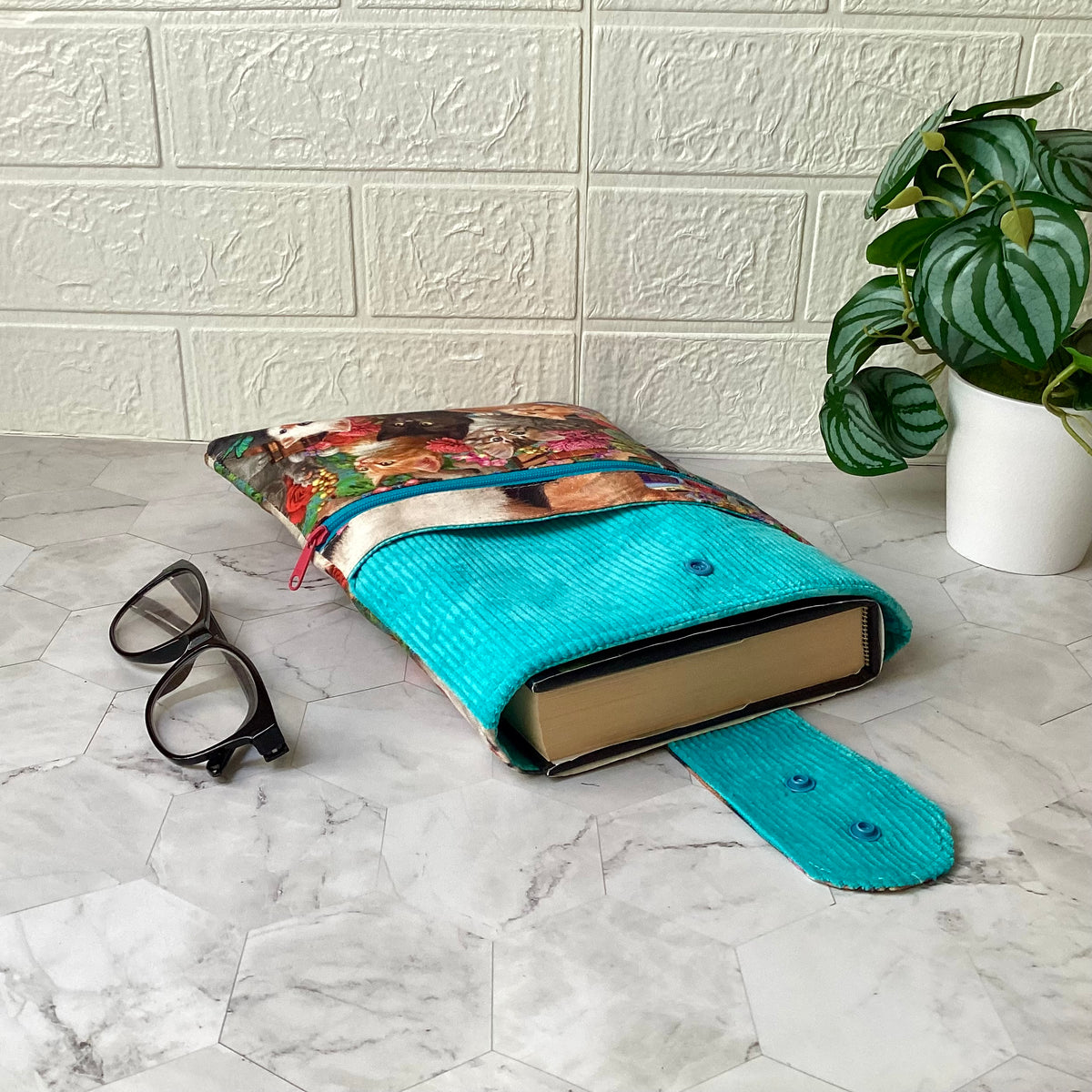 Kittens and Books fabric book sleeve with 2 pockets. iPad, tablet pouch