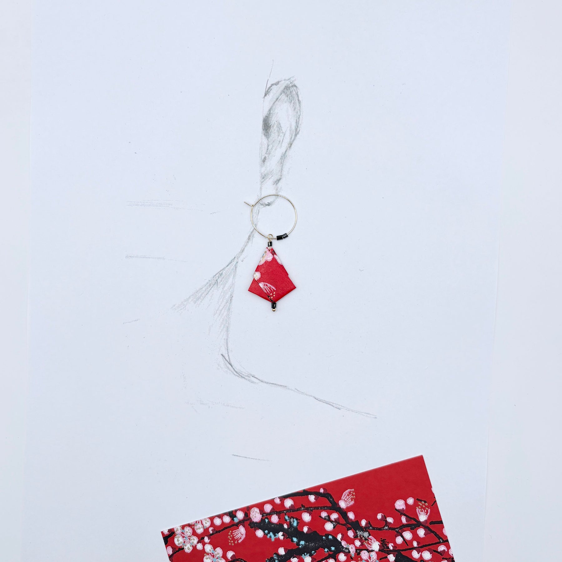 Origami Hoop Earrings – Crimson Plum.  Japanese Yuzen Chiyogami