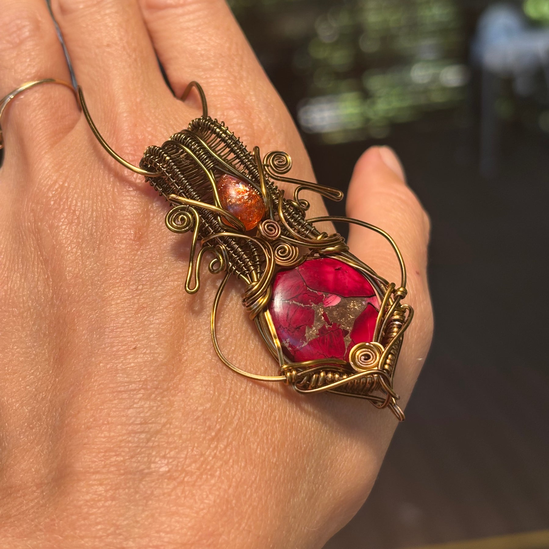 Sunstone Mojave turquoise copper crystal wire wrap pendant