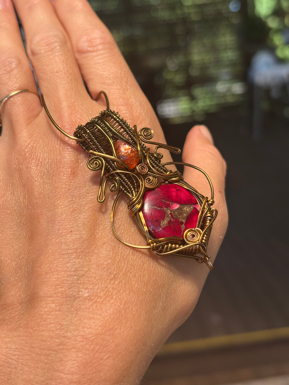 Sunstone Mojave turquoise copper crystal wire wrap pendant