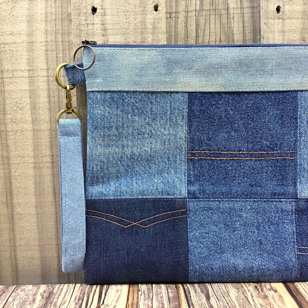 Large Upcycled Denim Patchwork Pouch - Ring zipper pull
