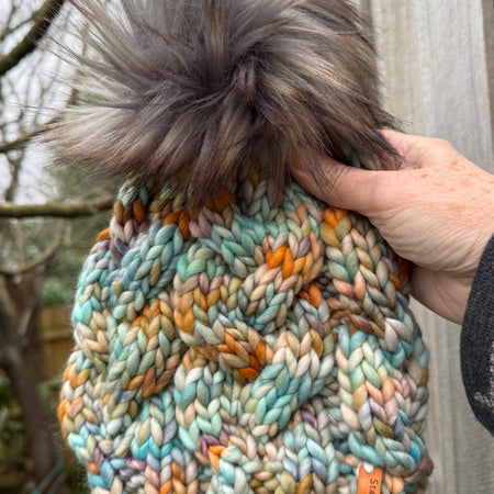 Hand Knitted Merino Beanie, Luxurious PomPom Cable Beanie
