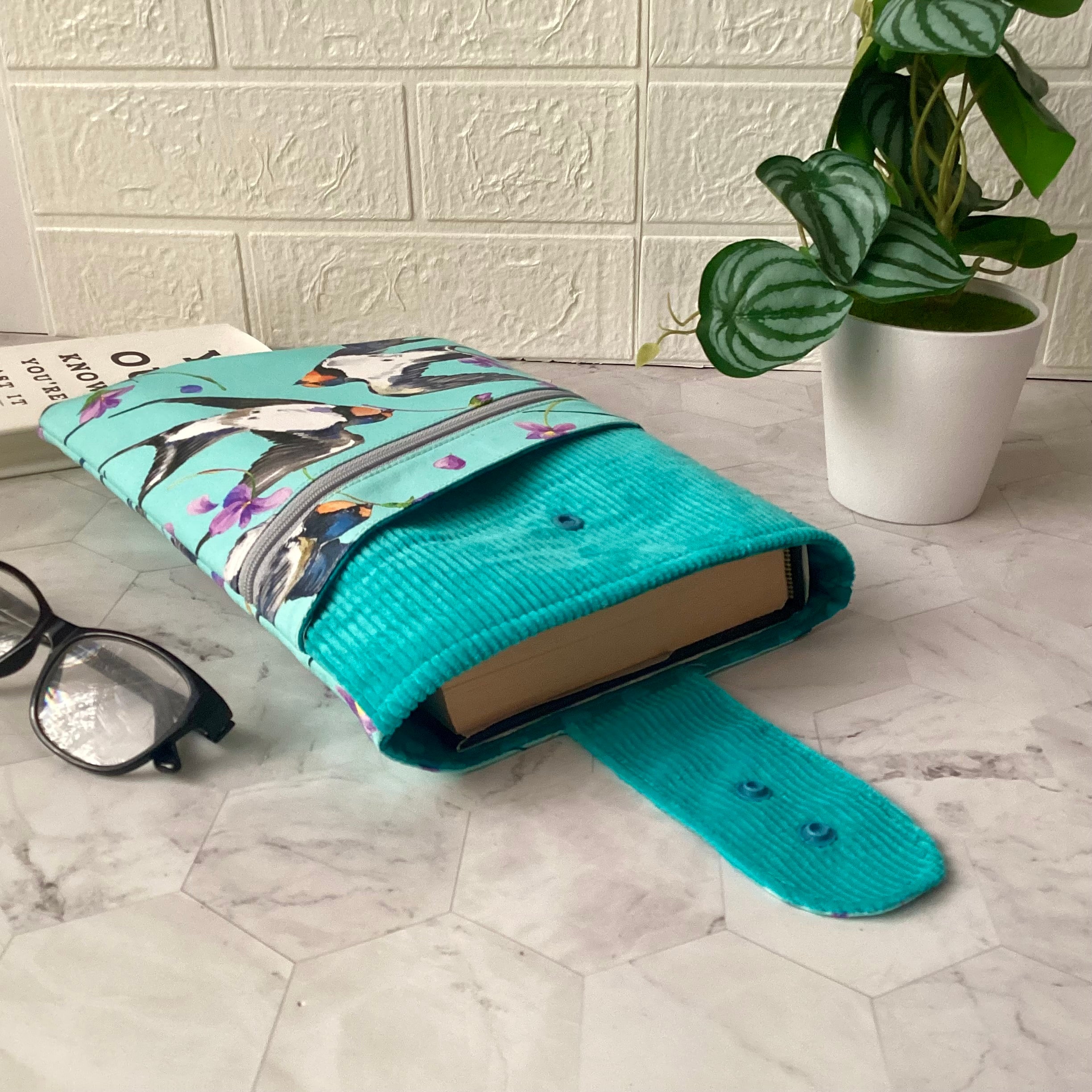 Swallows birds fabric book sleeve with 2 pockets. iPad, tablet pouch