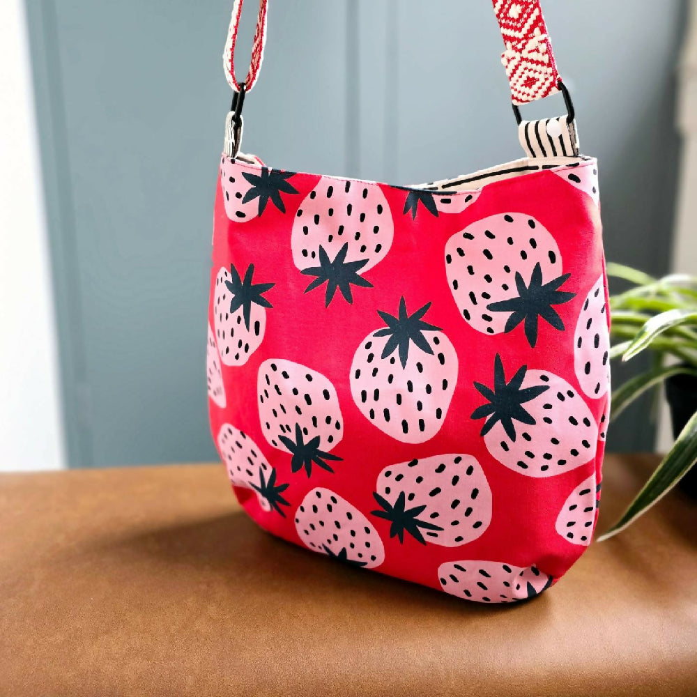 Strawberry crossbody tote bag. Everyday bag.